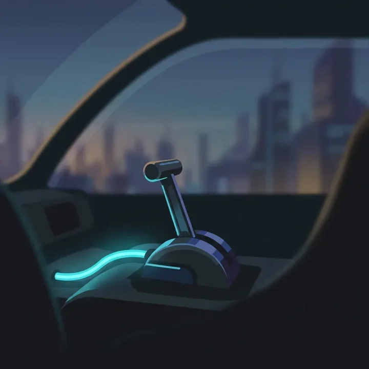 Editorial illustration showing a first-person perspective from inside a dark metallic mech cockpit looking out at a futuristic industrial city.