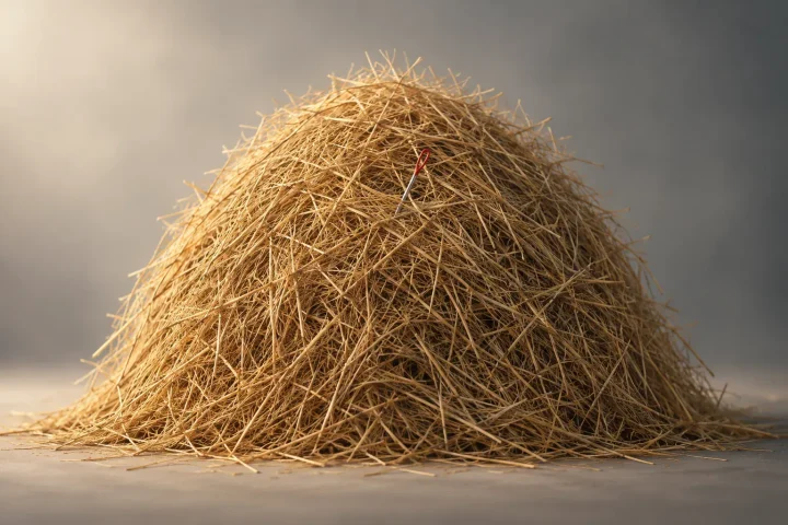An editorial illustration featuring an oversized haystack with a faint needle hidden inside on a clean background.