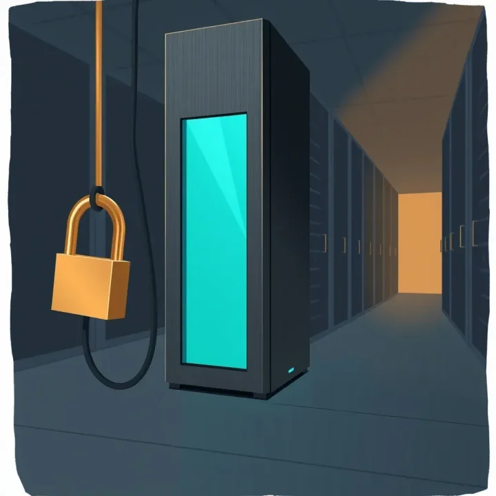 Redaktionelle Illustration eines dunklen Stahl-Serverracks, das türkis leuchtet und mit einem Messingschloss an schwarzen Glasfaserkabeln über einem Betonboden gesichert ist.