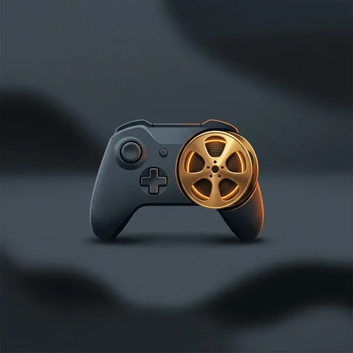 An editorial illustration featuring a dark slate game controller blending into a polished brass film reel on a dark stone surface.