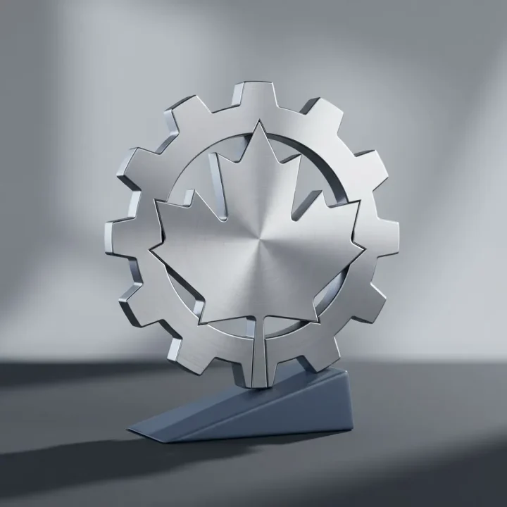 Un engrenage métallique en forme de feuille d'érable posé sur une cale bleu ardoise sur un fond gris minimaliste.