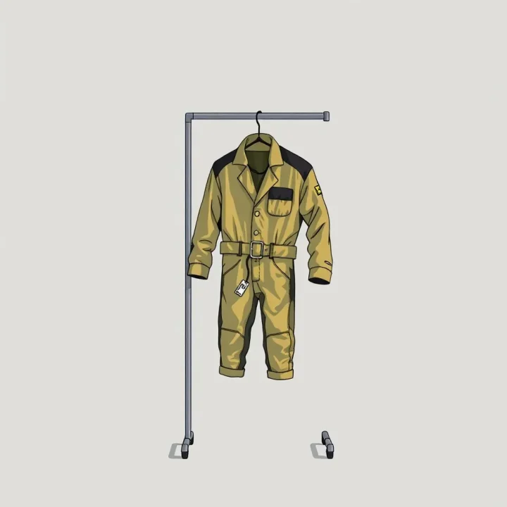 An editorial illustration showing a worn Vault suit hanging on a solitary metal rack against a plain grey background.