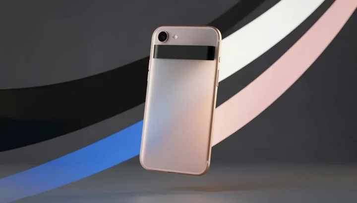 Editorial illustration of a sleek smartphone with a horizontal camera bar floating amidst ribbons of black, white, blue, and pastel pink.