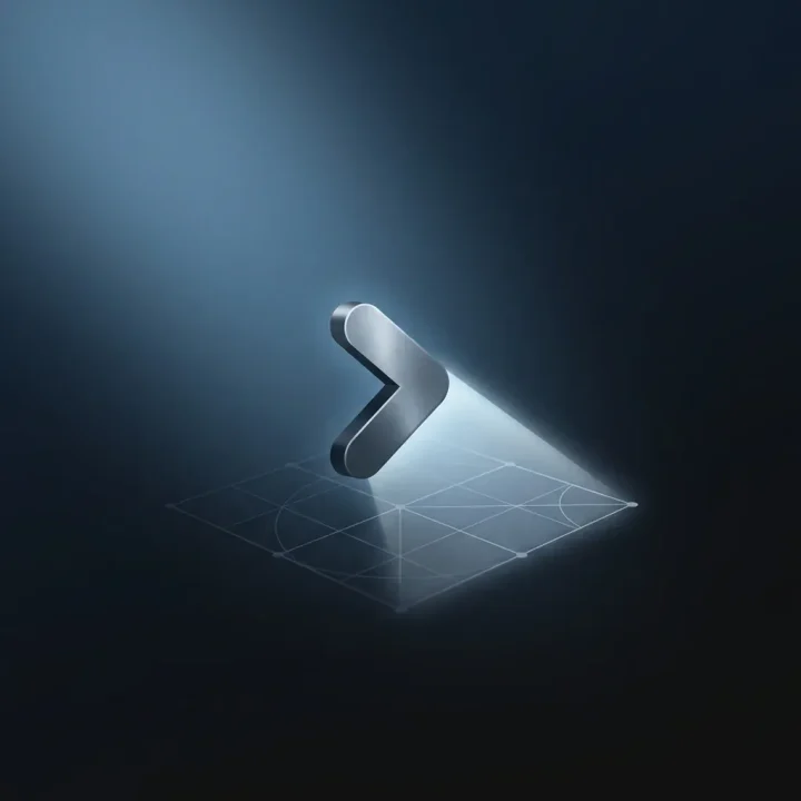 A central metallic command prompt symbol casting light onto a dark blue architectural blueprint background.