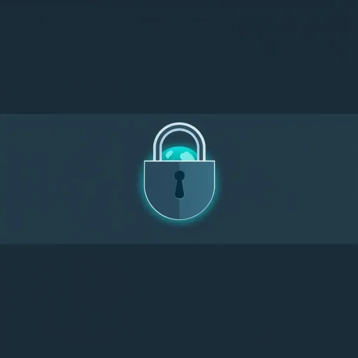 A minimalist horizontal illustration of a sleek geometric lock mechanism enclosing a glowing teal sphere on a dark background.