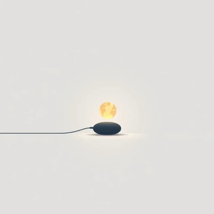 Un ratón de computadora abstracto y minimalista que equilibra una pequeña esfera digital brillante sobre un fondo gris suave.