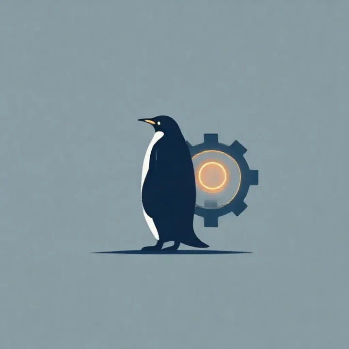Une illustration horizontale minimaliste représentant la silhouette d'un manchot à côté d'un mécanisme d'engrenage lumineux sur un fond gris uni.