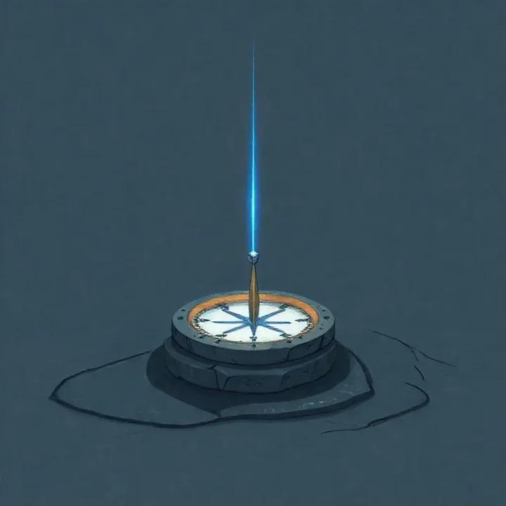 Une illustration conceptuelle minimale d'une boussole fantastique lumineuse sculptée dans la pierre, avec un faisceau de lumière bleue émanant de son aiguille