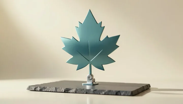 Una hoja de arce estilizada de aluminio verde azulado montada sobre una plataforma de pizarra con un mecanismo de bisagra plateado de precisión.