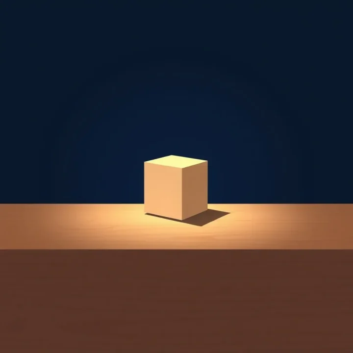 Ein leuchtender geometrischer Rätselwürfel auf einer Holzoberfläche, der einen weichen Schatten auf einen dunklen Hintergrund wirft.