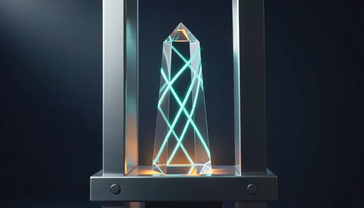 Um prisma de vidro facetado central iluminado por fios cianos internos, envolto em uma estrutura mecânica de aço escovado com iluminação âmbar suave.