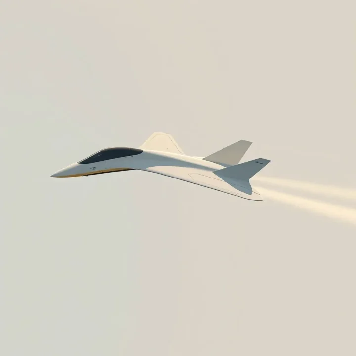 Ilustração lateral de uma aeronave supersônica experimental elegante, inspirada no X-59 da NASA, voando por um céu calmo, com uma única ondulação suave desaparecendo atrás dela.