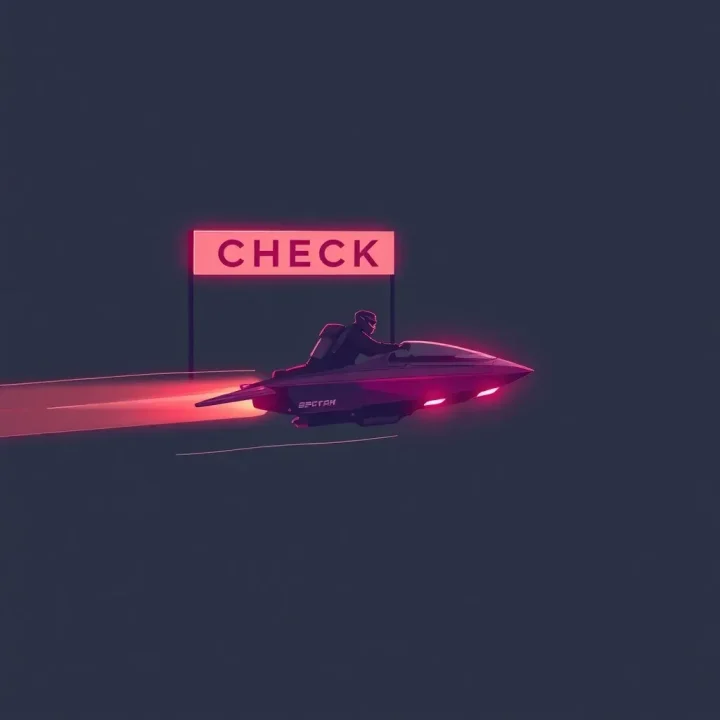 Un véhicule de course futuriste à sustentation filant à toute vitesse devant une bannière de point de contrôle lumineuse au néon sur un fond sombre.
