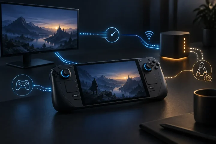 A handheld gaming device connected to a desktop monitor and network hub by luminous data streams, suggesting streaming, controller input and Linux maintenance.