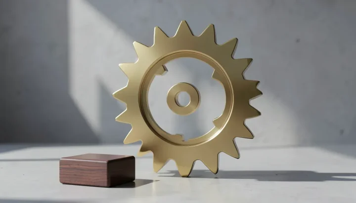 A large polished brass gear and a dark walnut block on a concrete surface.