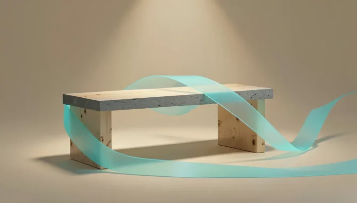 Redaktionelle Illustration einer eleganten Werkbank aus Holz, die von einem leuchtenden, cyanfarbenen, transparenten Band umschlungen ist, vor einem neutralen, warmen Hintergrund.