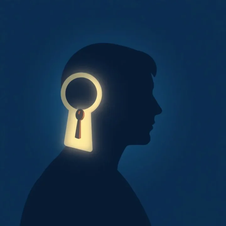 Minimalist editorial graphic of a translucent glowing keyhole within a human profile silhouette on a dark blue background.