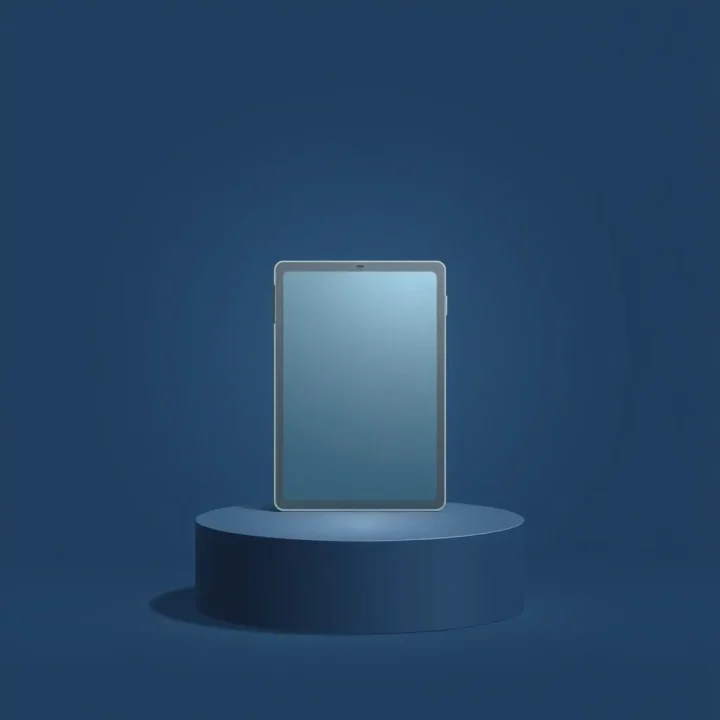 Una tableta metálica ultrafina se sostiene erguida sobre un pedestal pulido ante un fondo azul oscuro con una iluminación lateral nítida.
