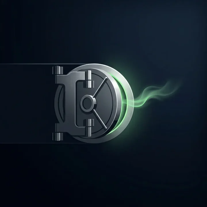 A minimalist illustration of a metallic vault door sitting slightly open inside a dark digital environment.