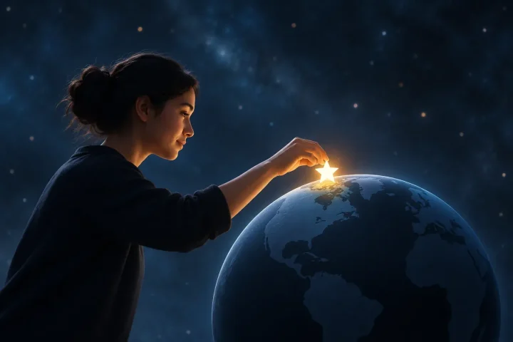 Une personne place un marqueur de données lumineux en forme d'étoile sur un globe sombre, sur fond d'espace lointain subtilement flouté.