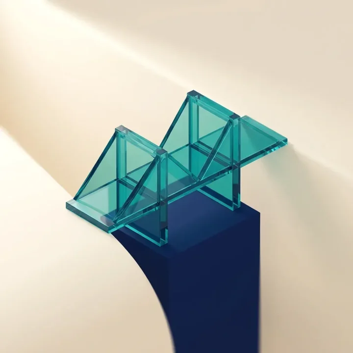 A minimalist editorial illustration showing a teal glass blueprint bridge supported by a solid navy-blue foundation block on a warm cream background.