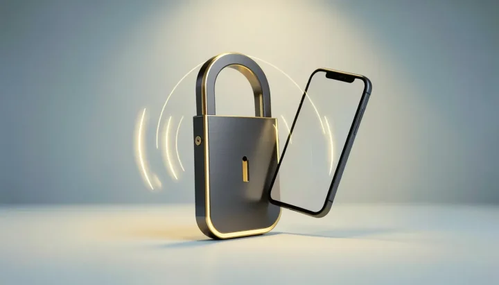Redaktionelle Illustration eines eleganten intelligenten Türschlosses, das über leuchtende Lichtbögen drahtlos mit einem Smartphone kommuniziert.