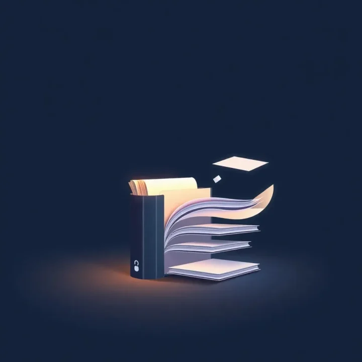 Minimalist illustration of a glowing digital binder organizing document sheets against a navy background
