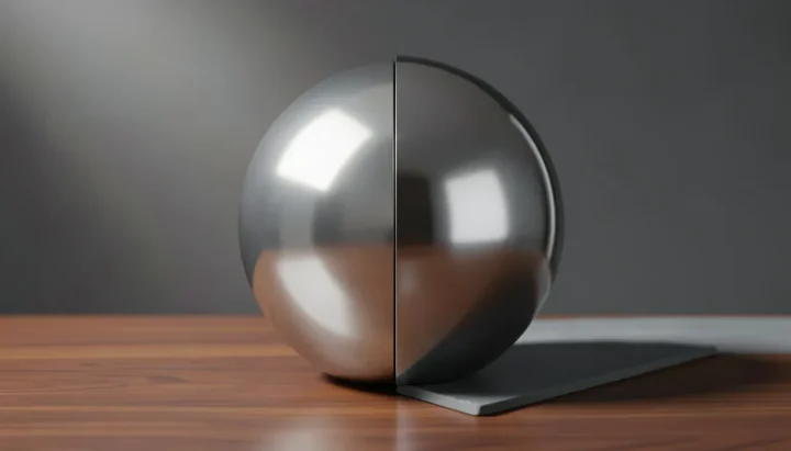 Uma esfera central de aço polido dividida exatamente ao meio, apoiada entre um tampo de mesa de mogno liso e um piso de ardósia cinza contra um fundo cinza-chumbo.