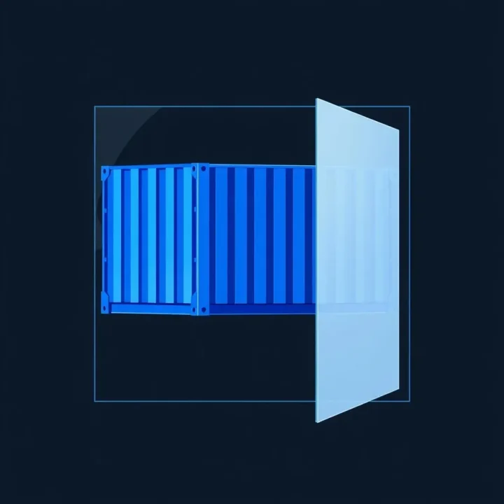 Ein leuchtender blauer Container, der vor einem dunklen Hintergrund mit einer lichtdurchlässigen Glasplatte verschmilzt.