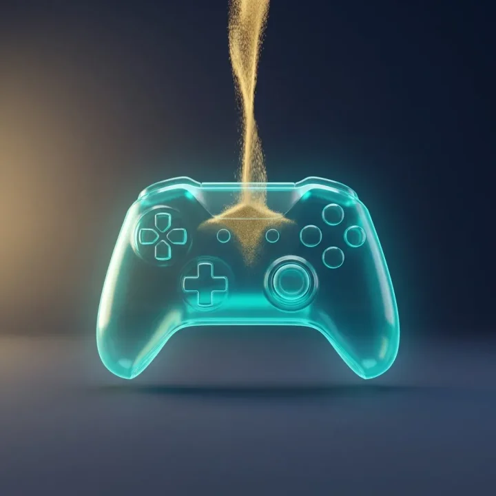 Ein leicht durchscheinender Controller aus Glas, der in leuchtendem Türkis über einem dunklen Schiefertisch schwebt, während ein Strom aus goldenem Sand hineinfließt.