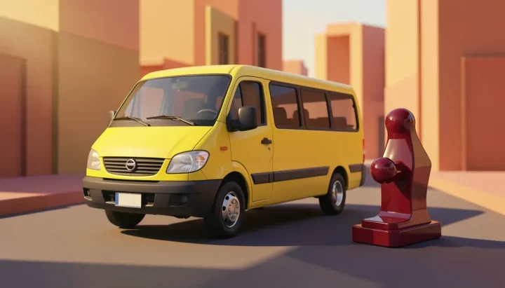 Ilustración editorial que muestra un minibús amarillo estilizado junto a una palanca de mando de arcade carmesí sobre un fondo urbano de terracota cálida.