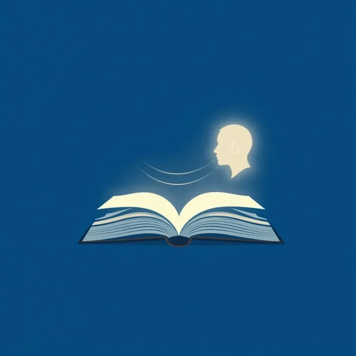 Una ilustración de un audiolibro abierto que emite un suave brillo con líneas de onda que proyectan el contorno estilizado de un personaje.