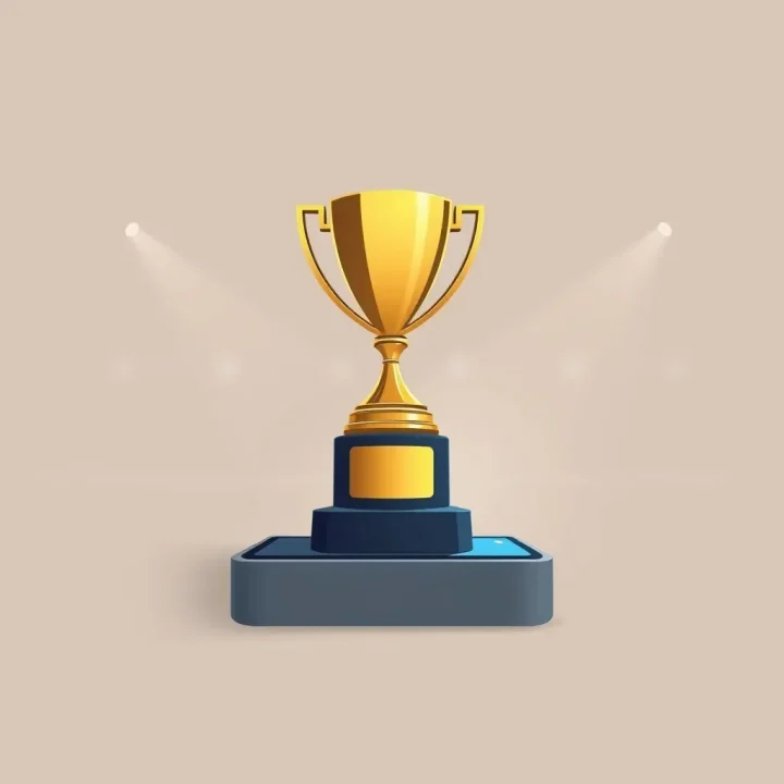 Trofeo de un campeonato de esports sobre un pedestal con forma de smartphone, iluminado suavemente con tonos azul eléctrico, dorado y carbón.