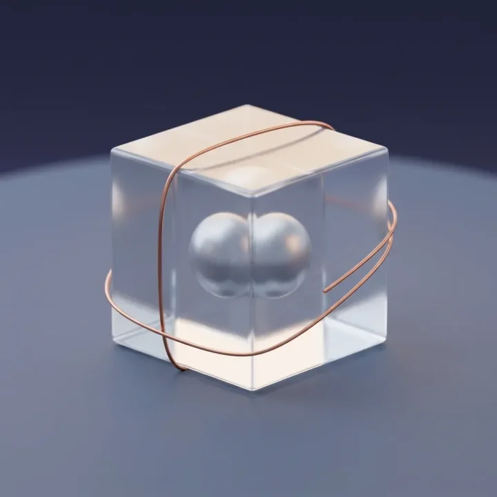 Redaktionelle Illustration eines lichtdurchlässigen Glaskubus, der eine schwebende silberne Kugel enthält, umhüllt von einem dünnen Kupferdraht.