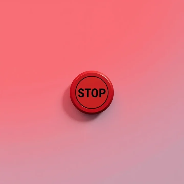 A large red emergency-stop button sits on a pink background, symbolizing a proposed shared mechanism for controlling dangerous AI development.