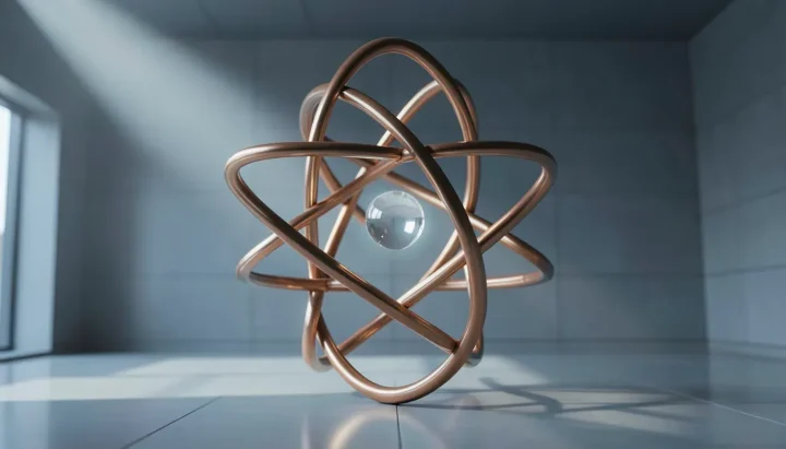 Une sculpture métallique d'atome stylisée composée d'anneaux d'acier poli et de bronze, située au centre d'une salle diplomatique minimaliste.