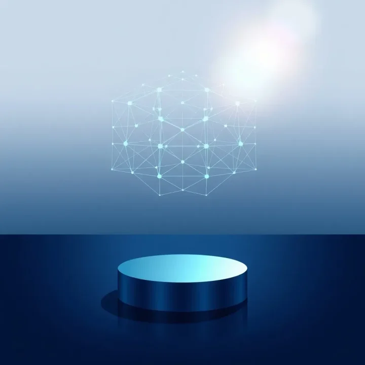 Ilustração editorial mostrando uma rede geométrica de vidro ciano luminoso flutuando sobre um pedestal de índigo escuro em um fundo gradiente azul-marinho.