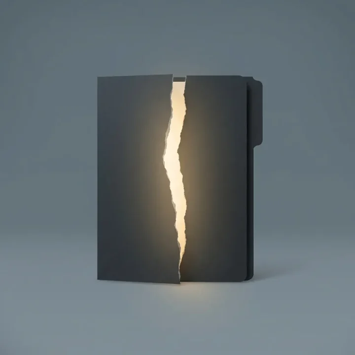 Editorial illustration of a dark file folder torn down the middle with golden light shining through the gap, set against a slate gray background.
