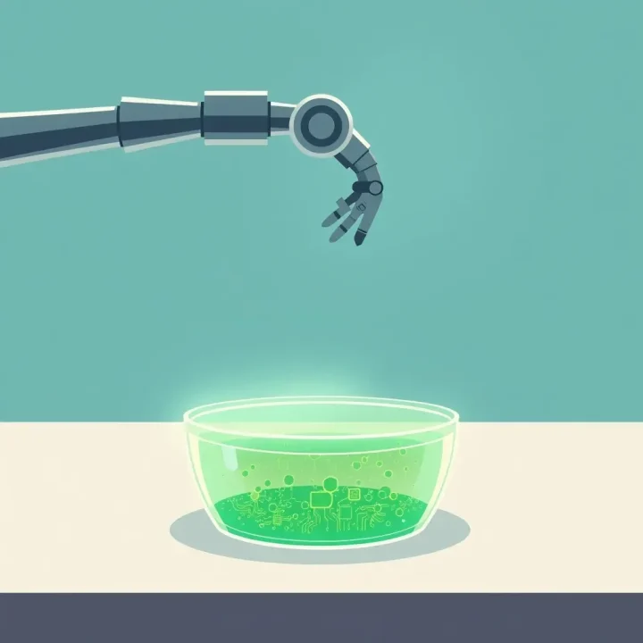 Une illustration éditoriale d'une boîte de Petri en verre contenant des microcircuits géométriques verts lumineux sous un bras robotique dans un laboratoire aux tons sarcelles.