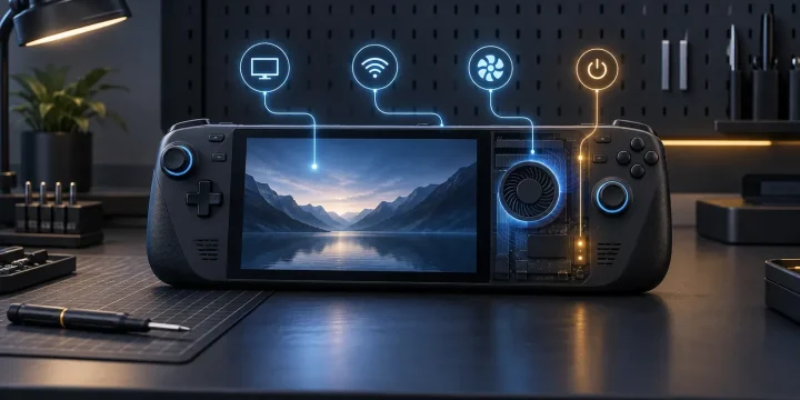 A handheld gaming PC on a workbench with subtle light pathways linking its display, wireless signal, cooling fan and boot indicator.