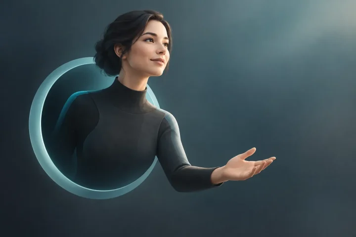 Um avatar digital de aparência humana saindo de uma interface circular simples, com fundo desfocado em tons de carvão e azul-esverdeado.