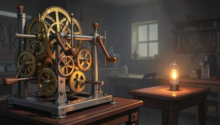 An editorial illustration of a massive 1940s mechanical differential analyzer built from brass gears, steel drive shafts, and oak levers, lit by a single glowing vacuum tube on a dark wooden table.