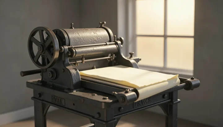 An antique heavy cast-iron printing press with a folded cream-colored paper on its bed, set against a softly blurred background with amber morning light.