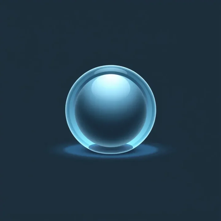 Konzeptionelle Illustration einer leuchtenden Glaskugel, die eine kleinere Metallkugel auf einem dunklen Hintergrund umschließt.