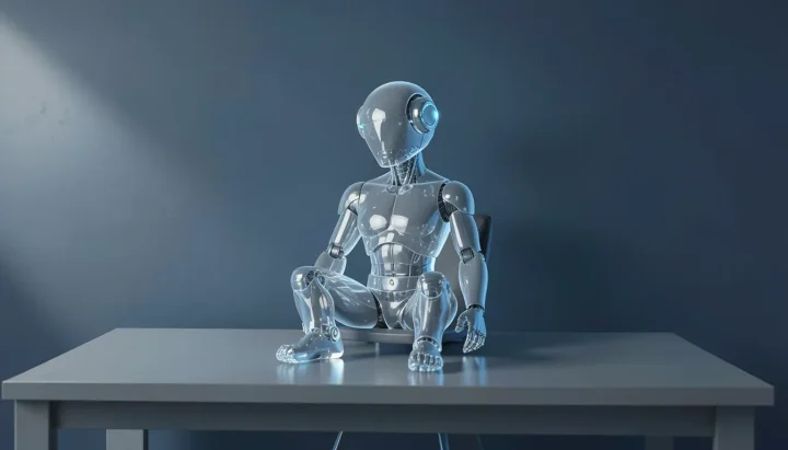Editorial illustration of a translucent glass robot sitting at a grey desk against a dark slate blue background with soft lighting.