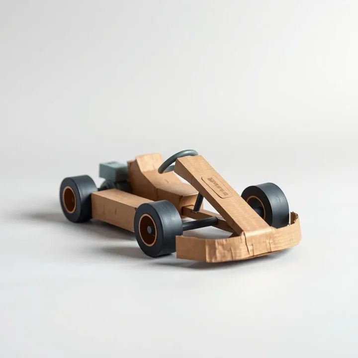 A single toy racing kart constructed from corrugated cardboard and packing tape sitting under studio light.