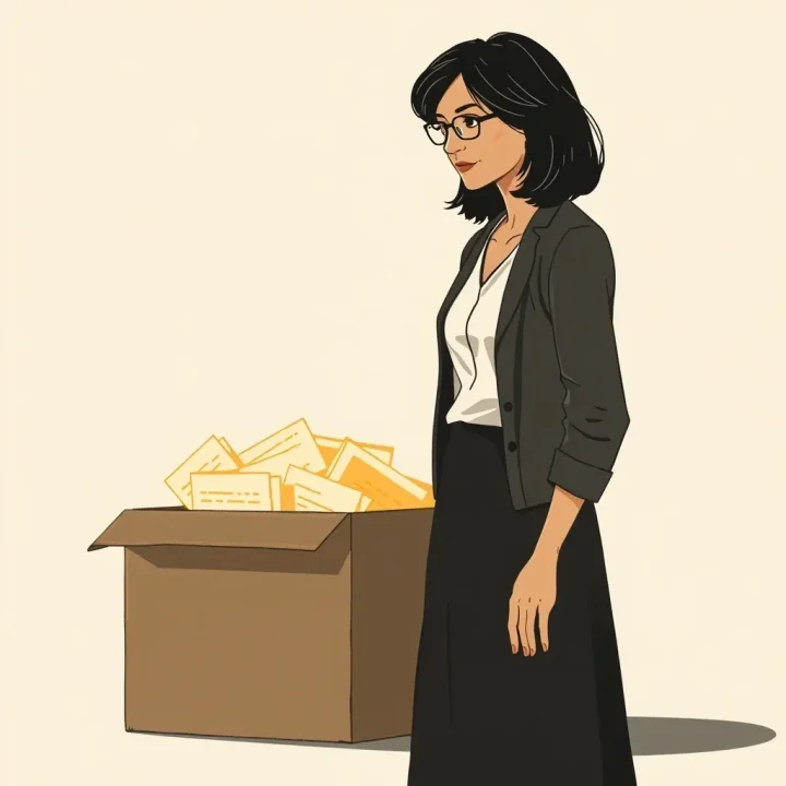 Ilustração editorial de Claudia Goldin ao lado de uma caixa de arquivo aberta, com formulários suavemente iluminados representando histórias esquecidas do trabalho que vêm à tona.