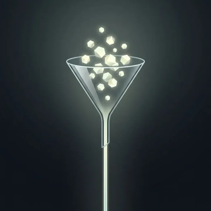 Um funil de vidro elegante refinando partículas geométricas brilhantes contra um fundo escuro.