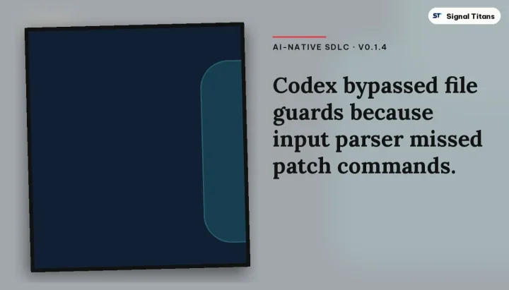 AI-Native SDLC · v0.1.4: Codex bypassed file guards because input parser missed patch commands.