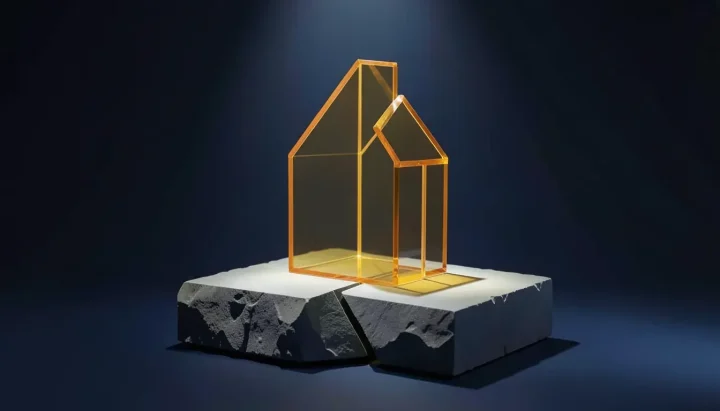 An editorial illustration showing a delicate amber glass house sitting on a cracked slate-grey stone slab against a dark blue background.